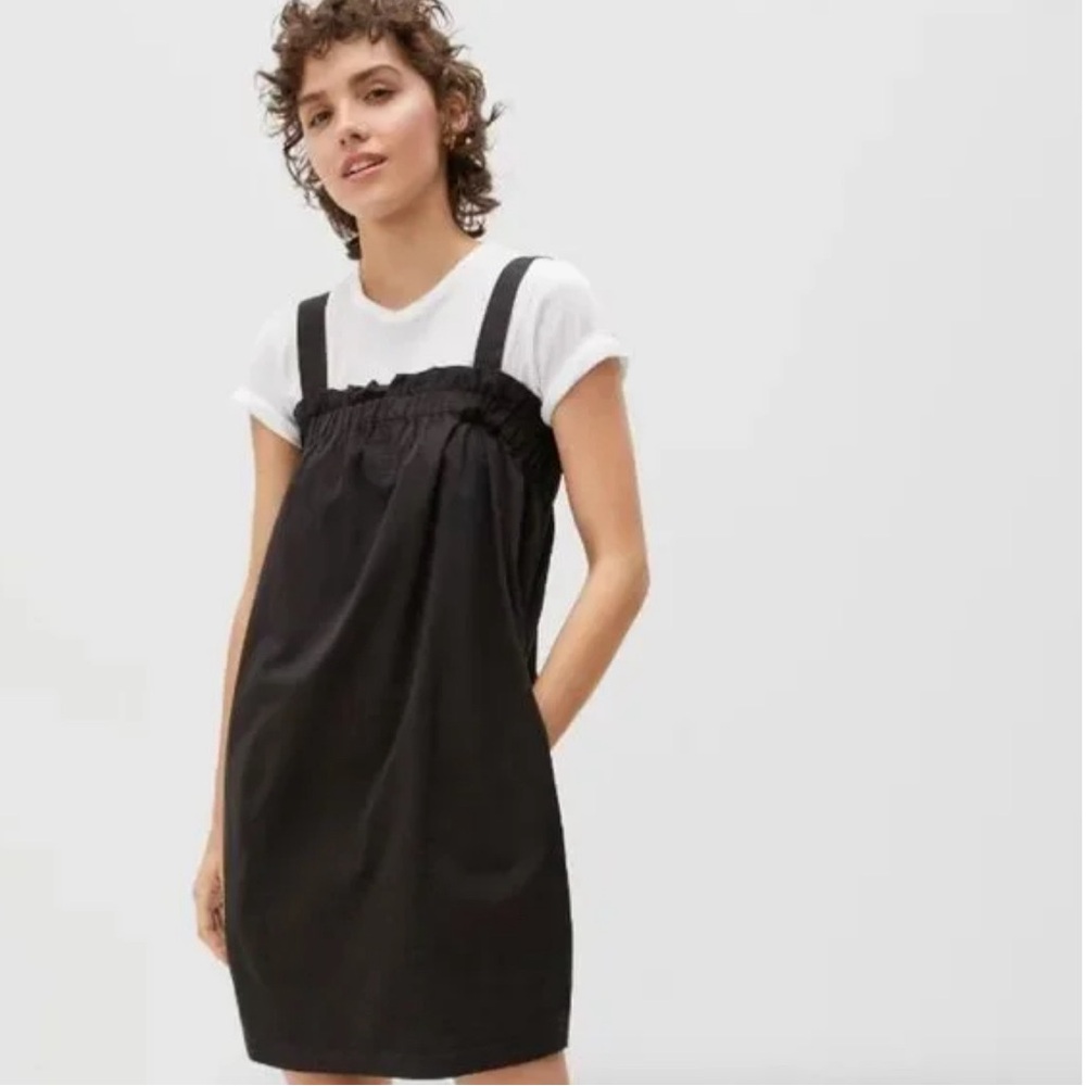 Everlane black cotton babydoll paperbag removable strap mini dress